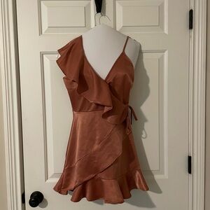 Elegant Ruffled Satin Dress - Rust